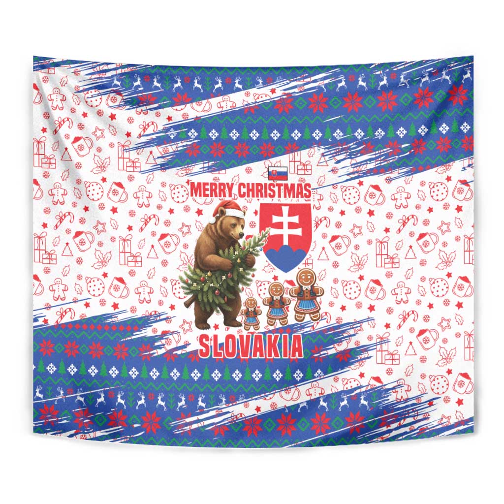 Slovakia Christmas Tapestry with Bear Holding Tree Gingerbread Cookies and Red Blue Snowflake Pattern Design - Wonder Print Shop