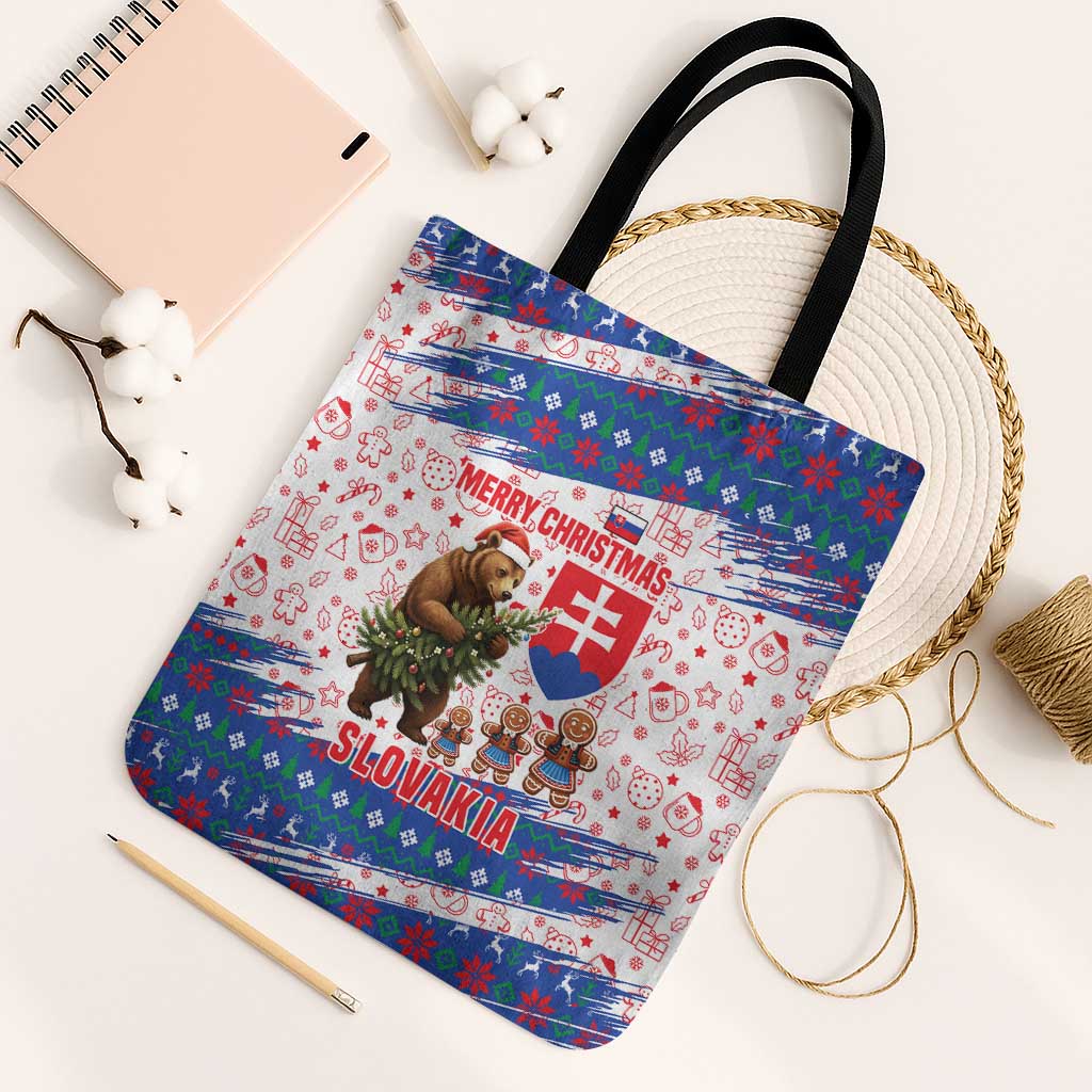 Slovakia Christmas Tote Bag with Bear Holding Tree Gingerbread Cookies and Red Blue Snowflake Pattern Design - Wonder Print Shop