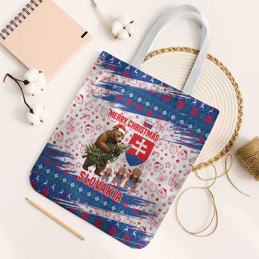 Slovakia Christmas Tote Bag with Bear Holding Tree Gingerbread Cookies and Red Blue Snowflake Pattern Design - Wonder Print Shop