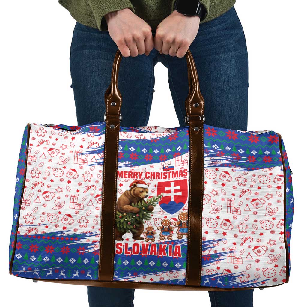 Slovakia Christmas Travel Bag with Bear Holding Tree Gingerbread Cookies and Red Blue Snowflake Pattern Design - Wonder Print Shop
