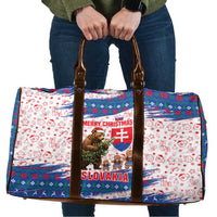Slovakia Christmas Travel Bag with Bear Holding Tree Gingerbread Cookies and Red Blue Snowflake Pattern Design - Wonder Print Shop