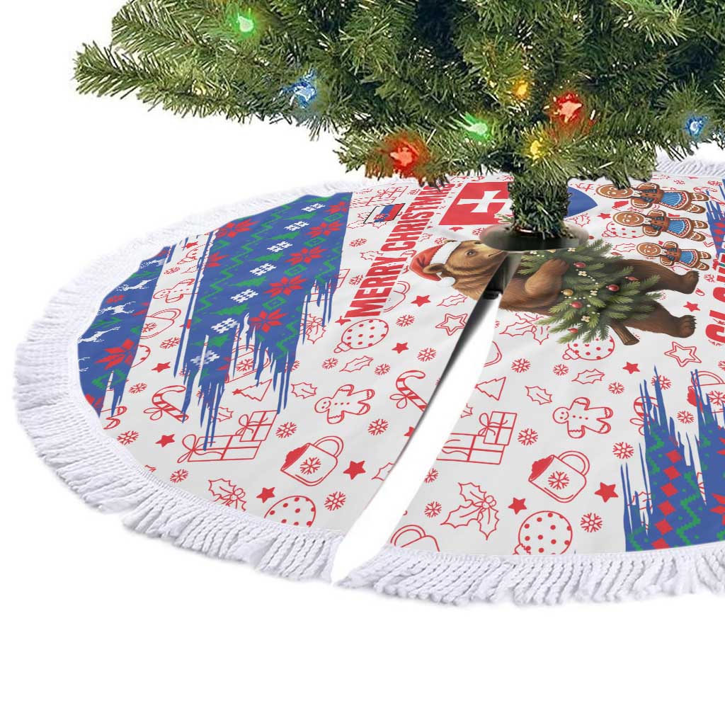 Slovakia Christmas Tree Skirt with Bear Holding Tree Gingerbread Cookies and Red Blue Snowflake Pattern Design - Wonder Print Shop