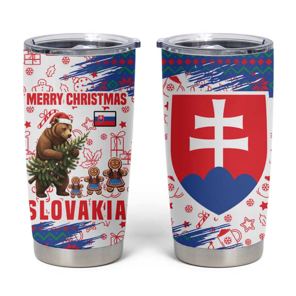 Slovakia Christmas Tumbler Cup with Bear Holding Tree Gingerbread Cookies and Red Blue Snowflake Pattern Design - Wonder Print Shop