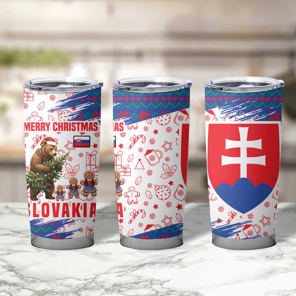 Slovakia Christmas Tumbler Cup with Bear Holding Tree Gingerbread Cookies and Red Blue Snowflake Pattern Design - Wonder Print Shop