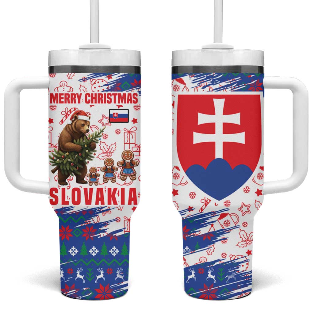 Slovakia Christmas Tumbler With Handle with Bear Holding Tree Gingerbread Cookies and Red Blue Snowflake Pattern Design - Wonder Print Shop
