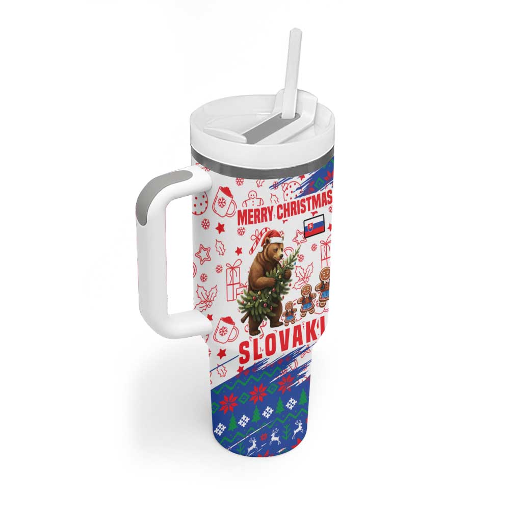 Slovakia Christmas Tumbler With Handle with Bear Holding Tree Gingerbread Cookies and Red Blue Snowflake Pattern Design - Wonder Print Shop