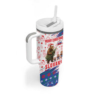 Slovakia Christmas Tumbler With Handle with Bear Holding Tree Gingerbread Cookies and Red Blue Snowflake Pattern Design - Wonder Print Shop