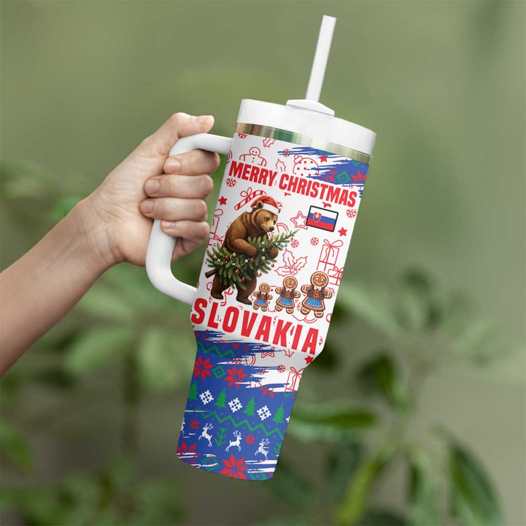 Slovakia Christmas Tumbler With Handle with Bear Holding Tree Gingerbread Cookies and Red Blue Snowflake Pattern Design - Wonder Print Shop