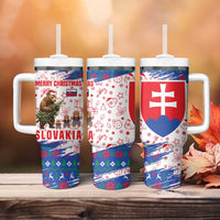 Slovakia Christmas Tumbler With Handle with Bear Holding Tree Gingerbread Cookies and Red Blue Snowflake Pattern Design - Wonder Print Shop