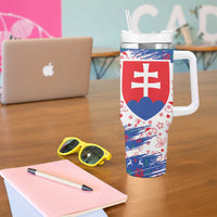 Slovakia Christmas Tumbler With Handle with Bear Holding Tree Gingerbread Cookies and Red Blue Snowflake Pattern Design - Wonder Print Shop