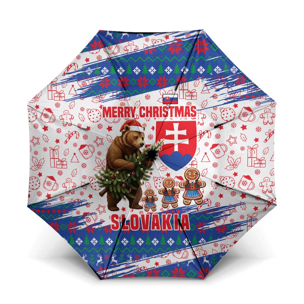 Slovakia Christmas Umbrella with Bear Holding Tree Gingerbread Cookies and Red Blue Snowflake Pattern Design - Wonder Print Shop