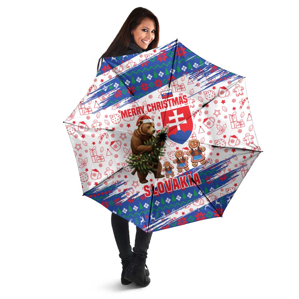 Slovakia Christmas Umbrella with Bear Holding Tree Gingerbread Cookies and Red Blue Snowflake Pattern Design - Wonder Print Shop