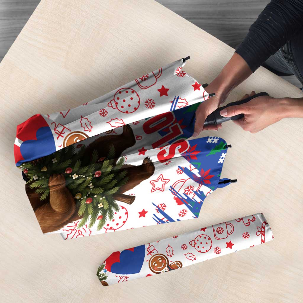 Slovakia Christmas Umbrella with Bear Holding Tree Gingerbread Cookies and Red Blue Snowflake Pattern Design - Wonder Print Shop