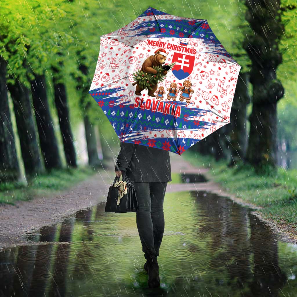Slovakia Christmas Umbrella with Bear Holding Tree Gingerbread Cookies and Red Blue Snowflake Pattern Design - Wonder Print Shop