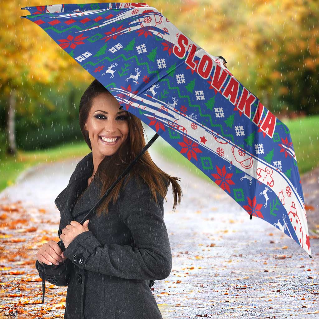 Slovakia Christmas Umbrella with Bear Holding Tree Gingerbread Cookies and Red Blue Snowflake Pattern Design - Wonder Print Shop