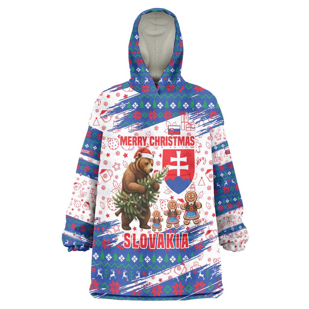 Slovakia Christmas Wearable Blanket Hoodie with Bear Holding Tree Gingerbread Cookies and Red Blue Snowflake Pattern Design - Wonder Print Shop