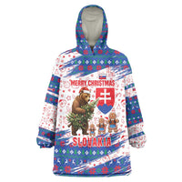 Slovakia Christmas Wearable Blanket Hoodie with Bear Holding Tree Gingerbread Cookies and Red Blue Snowflake Pattern Design - Wonder Print Shop