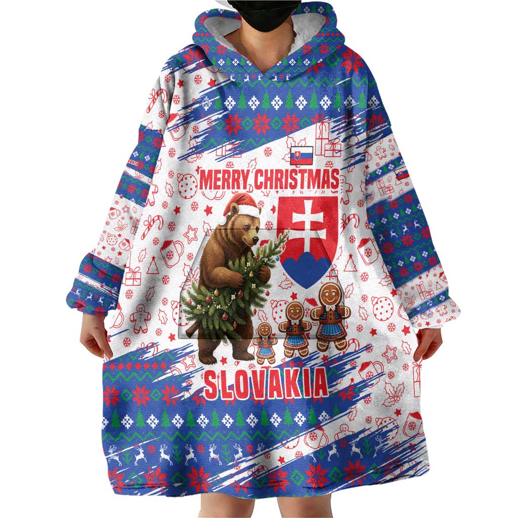 Slovakia Christmas Wearable Blanket Hoodie with Bear Holding Tree Gingerbread Cookies and Red Blue Snowflake Pattern Design - Wonder Print Shop