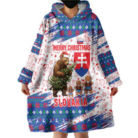 Slovakia Christmas Wearable Blanket Hoodie with Bear Holding Tree Gingerbread Cookies and Red Blue Snowflake Pattern Design - Wonder Print Shop