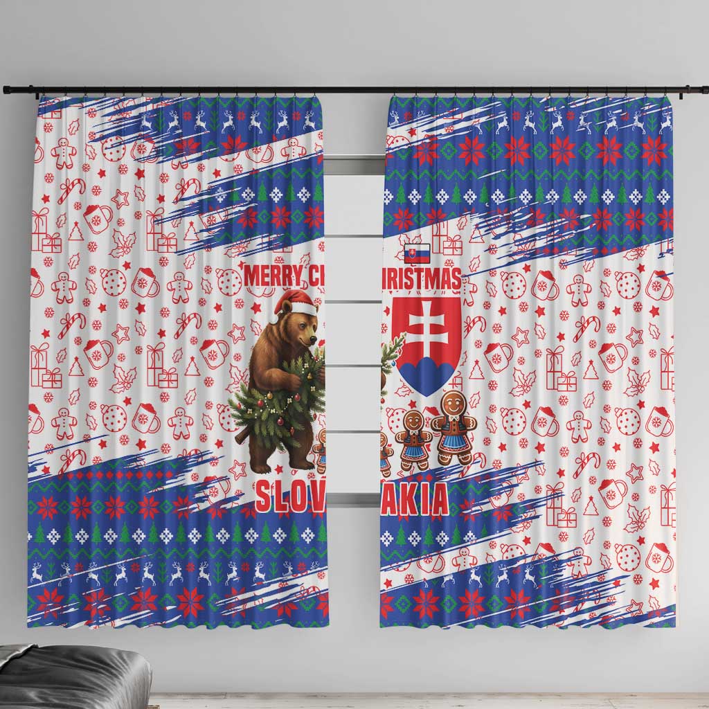 Slovakia Christmas Window Curtain with Bear Holding Tree Gingerbread Cookies and Red Blue Snowflake Pattern Design - Wonder Print Shop