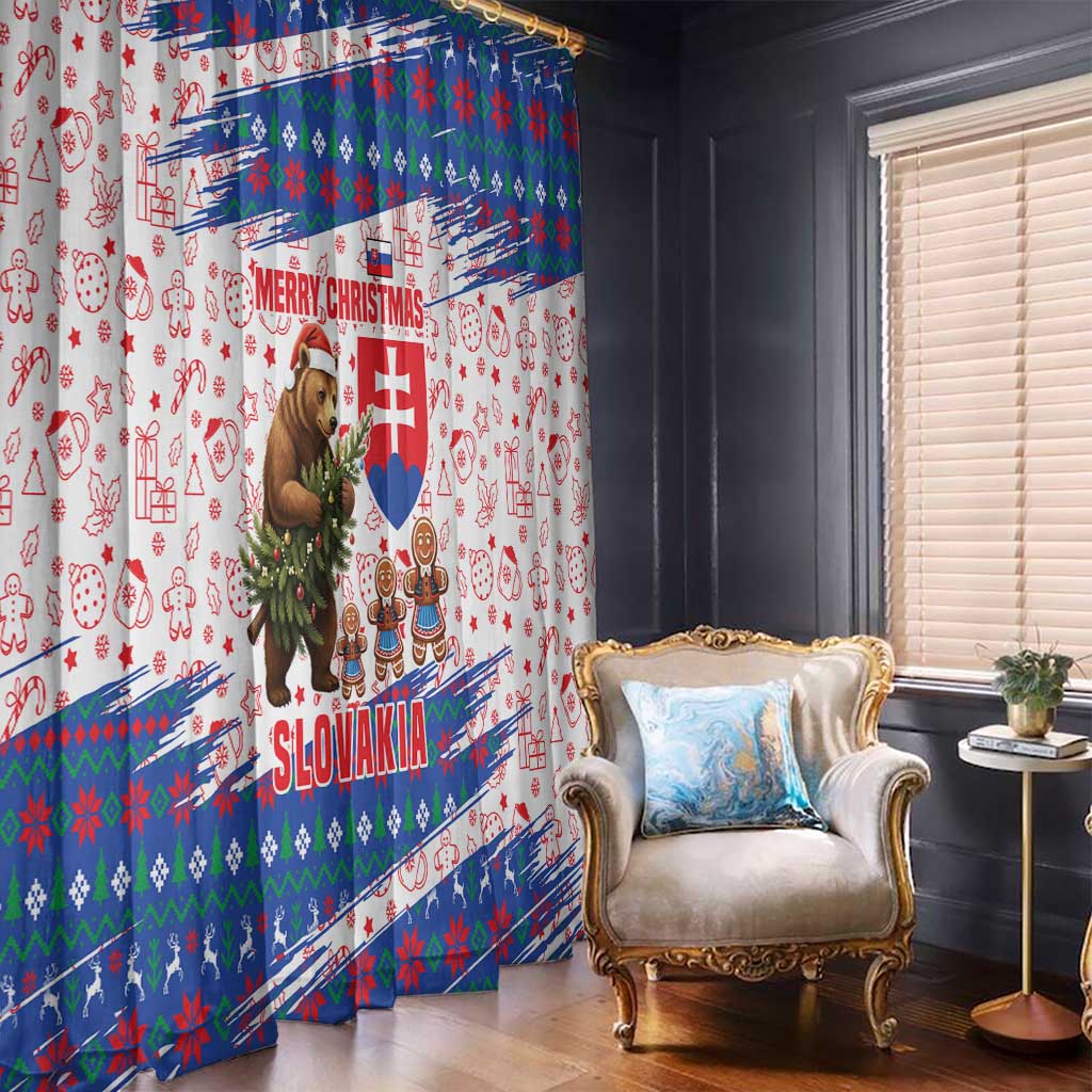 Slovakia Christmas Window Curtain with Bear Holding Tree Gingerbread Cookies and Red Blue Snowflake Pattern Design - Wonder Print Shop