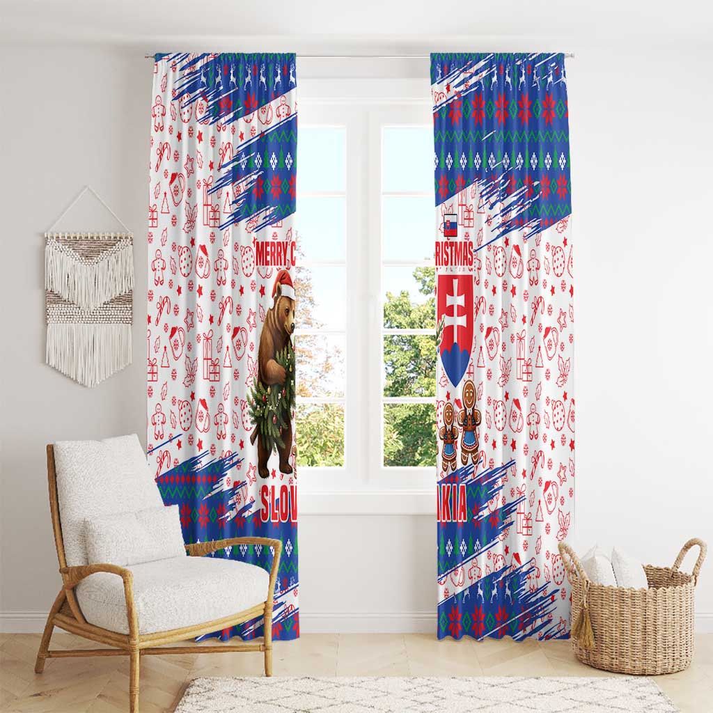 Slovakia Christmas Window Curtain with Bear Holding Tree Gingerbread Cookies and Red Blue Snowflake Pattern Design - Wonder Print Shop