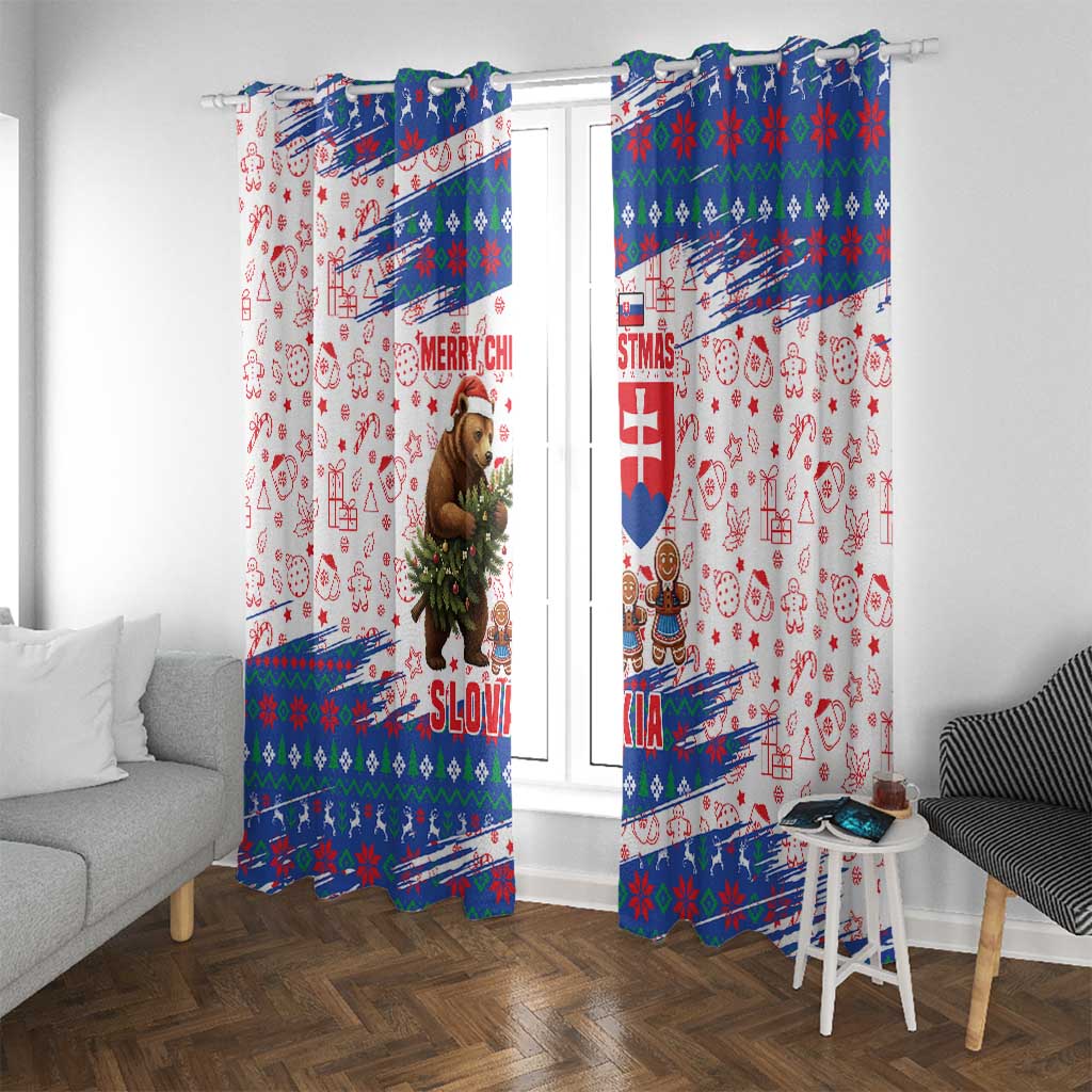 Slovakia Christmas Window Curtain with Bear Holding Tree Gingerbread Cookies and Red Blue Snowflake Pattern Design - Wonder Print Shop