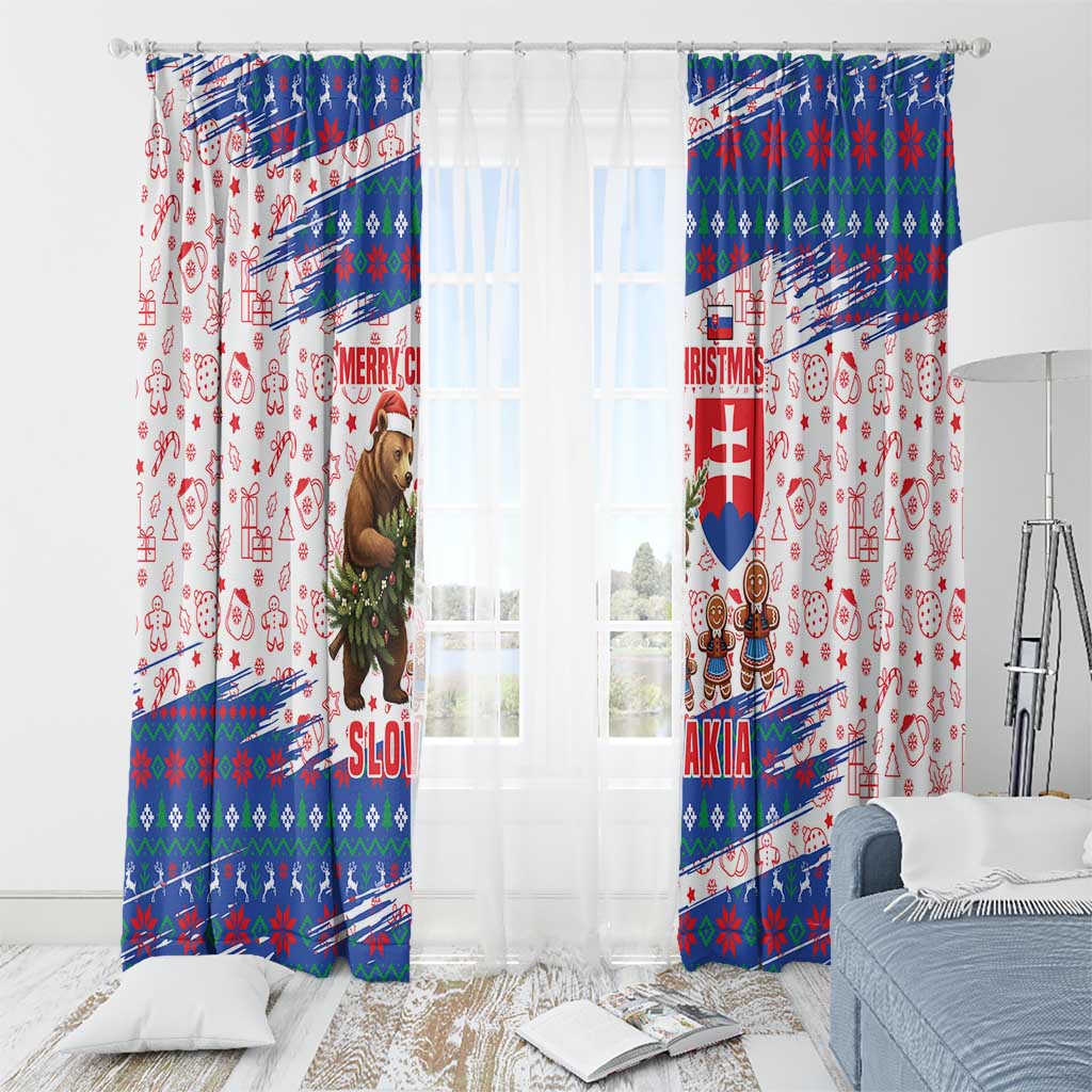 Slovakia Christmas Window Curtain with Bear Holding Tree Gingerbread Cookies and Red Blue Snowflake Pattern Design - Wonder Print Shop
