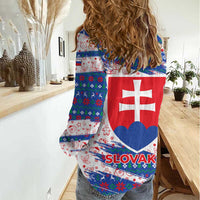 Slovakia Christmas Women Casual Shirt with Bear Holding Tree Gingerbread Cookies and Red Blue Snowflake Pattern Design - Wonder Print Shop