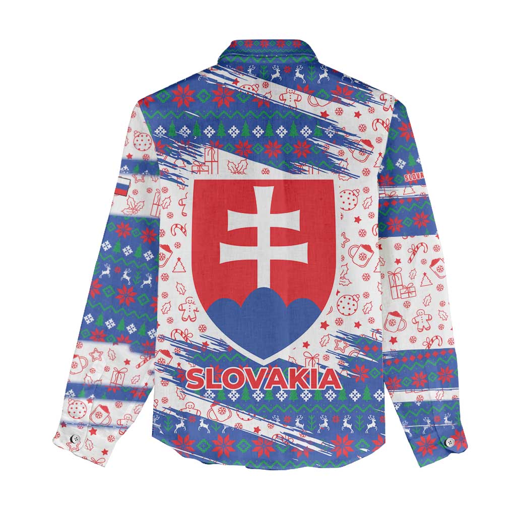 Slovakia Christmas Women Casual Shirt with Bear Holding Tree Gingerbread Cookies and Red Blue Snowflake Pattern Design - Wonder Print Shop