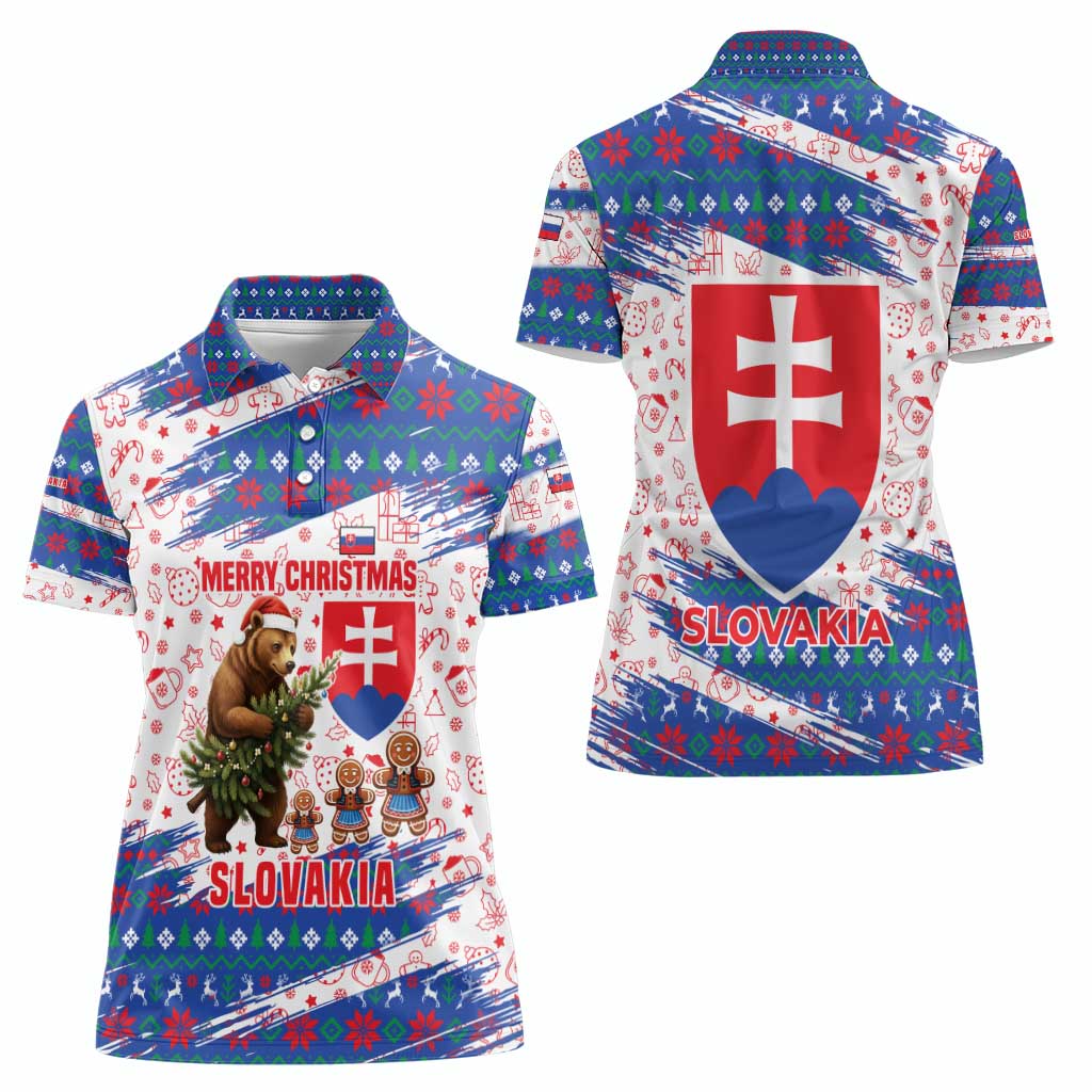 Slovakia Christmas Women Polo Shirt with Bear Holding Tree Gingerbread Cookies and Red Blue Snowflake Pattern Design - Wonder Print Shop