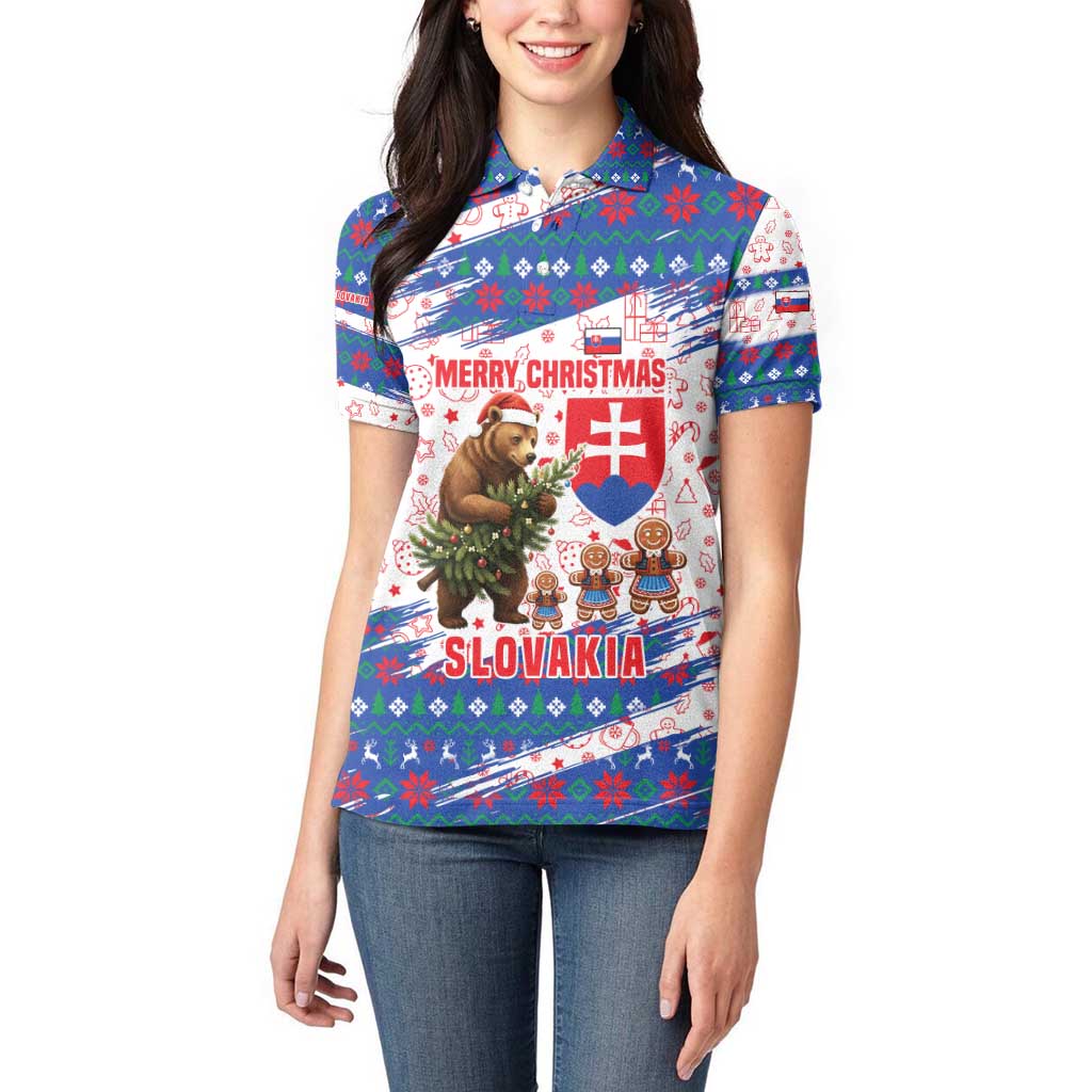 Slovakia Christmas Women Polo Shirt with Bear Holding Tree Gingerbread Cookies and Red Blue Snowflake Pattern Design - Wonder Print Shop