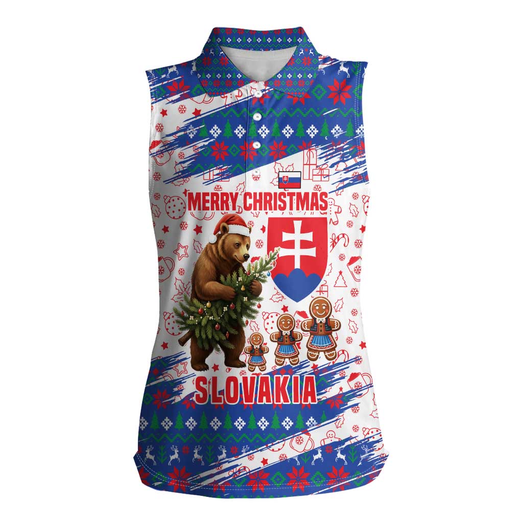 Slovakia Christmas Women Sleeveless Polo Shirt with Bear Holding Tree Gingerbread Cookies and Red Blue Snowflake Pattern Design - Wonder Print Shop