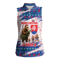 Slovakia Christmas Women Sleeveless Polo Shirt with Bear Holding Tree Gingerbread Cookies and Red Blue Snowflake Pattern Design - Wonder Print Shop