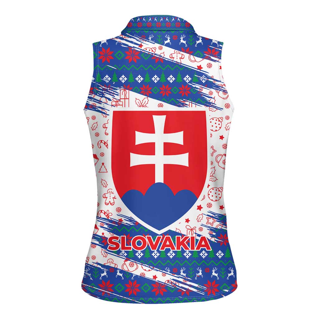 Slovakia Christmas Women Sleeveless Polo Shirt with Bear Holding Tree Gingerbread Cookies and Red Blue Snowflake Pattern Design - Wonder Print Shop