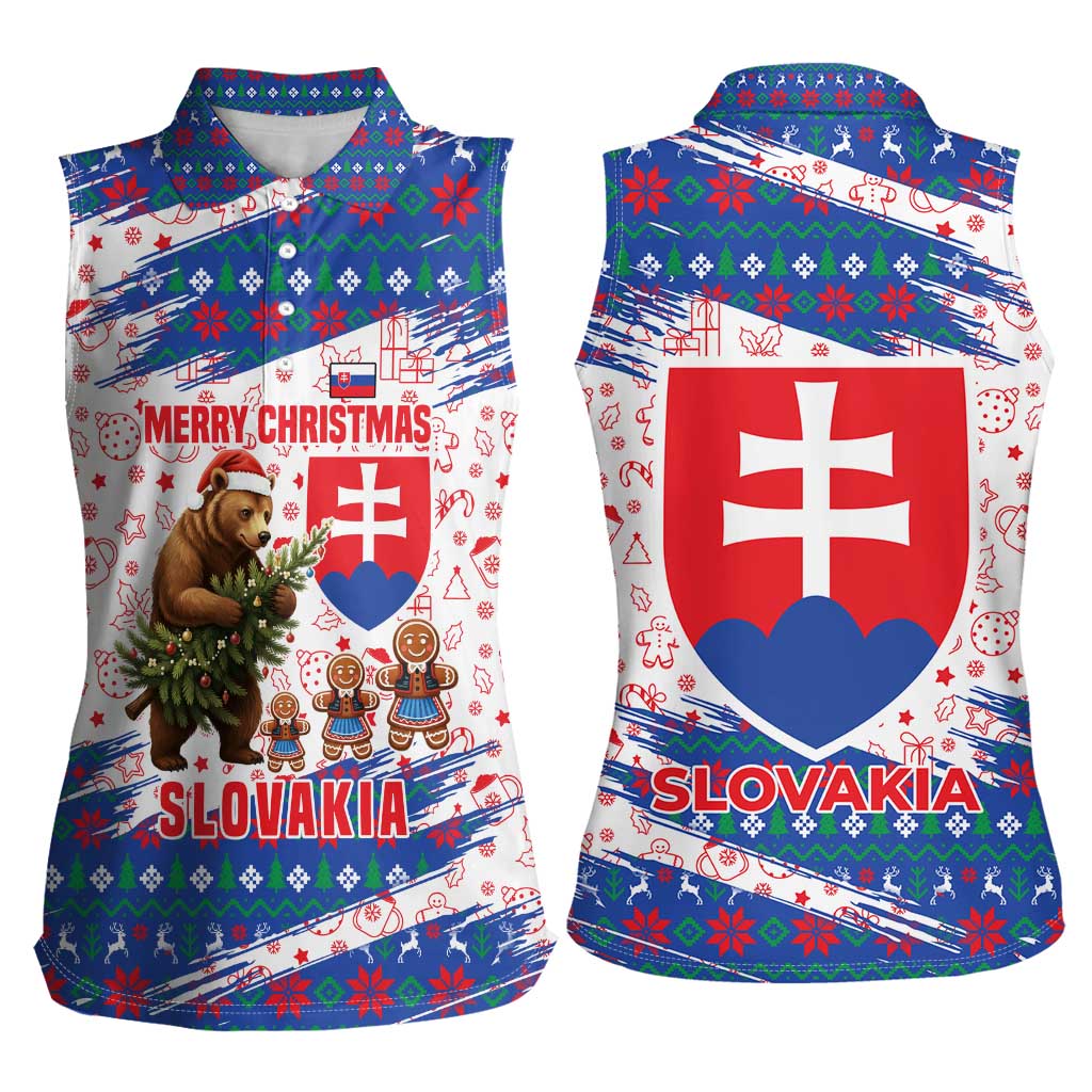 Slovakia Christmas Women Sleeveless Polo Shirt with Bear Holding Tree Gingerbread Cookies and Red Blue Snowflake Pattern Design - Wonder Print Shop