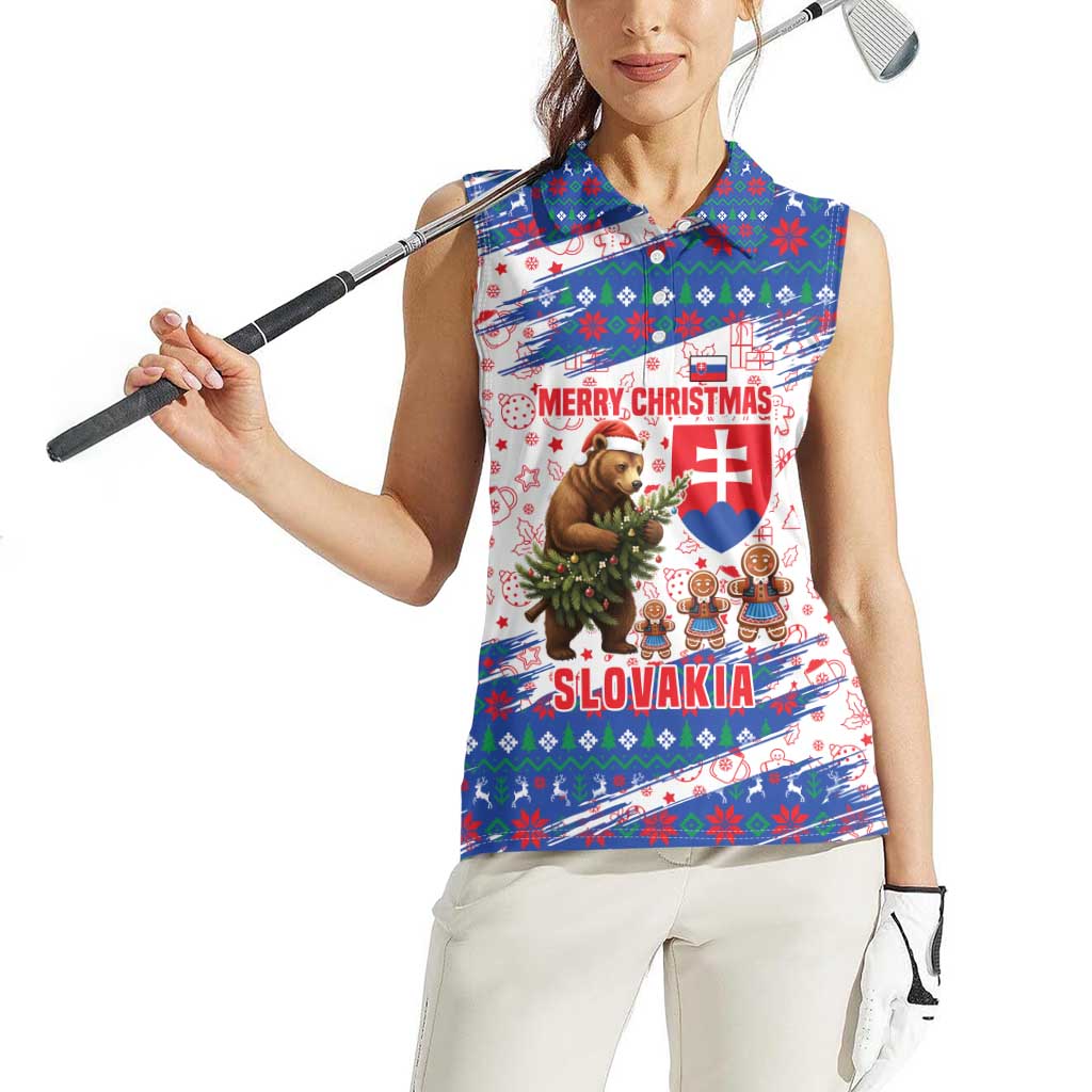 Slovakia Christmas Women Sleeveless Polo Shirt with Bear Holding Tree Gingerbread Cookies and Red Blue Snowflake Pattern Design - Wonder Print Shop