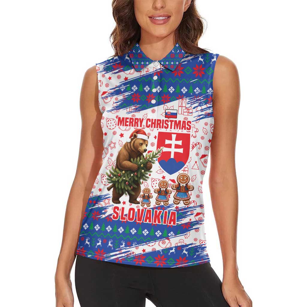 Slovakia Christmas Women Sleeveless Polo Shirt with Bear Holding Tree Gingerbread Cookies and Red Blue Snowflake Pattern Design - Wonder Print Shop