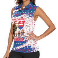 Slovakia Christmas Women Sleeveless Polo Shirt with Bear Holding Tree Gingerbread Cookies and Red Blue Snowflake Pattern Design - Wonder Print Shop