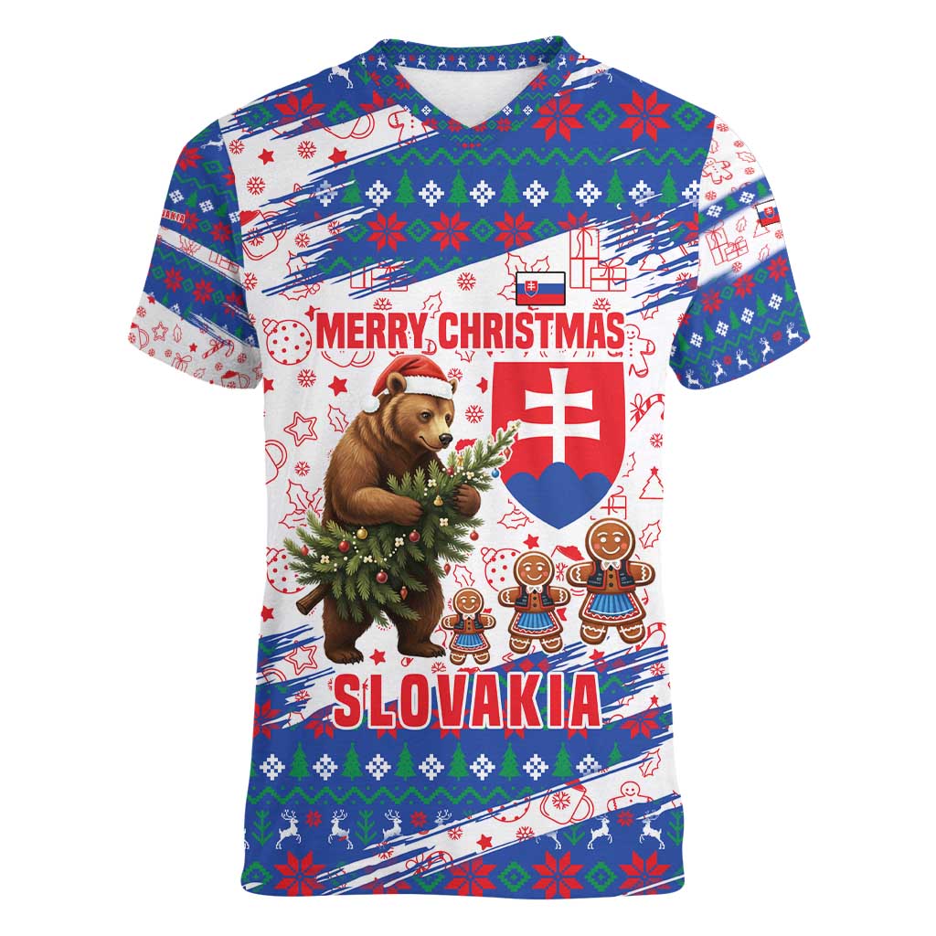 Slovakia Christmas Women V-Neck T-Shirt with Bear Holding Tree Gingerbread Cookies and Red Blue Snowflake Pattern Design - Wonder Print Shop