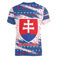 Slovakia Christmas Women V-Neck T-Shirt with Bear Holding Tree Gingerbread Cookies and Red Blue Snowflake Pattern Design - Wonder Print Shop