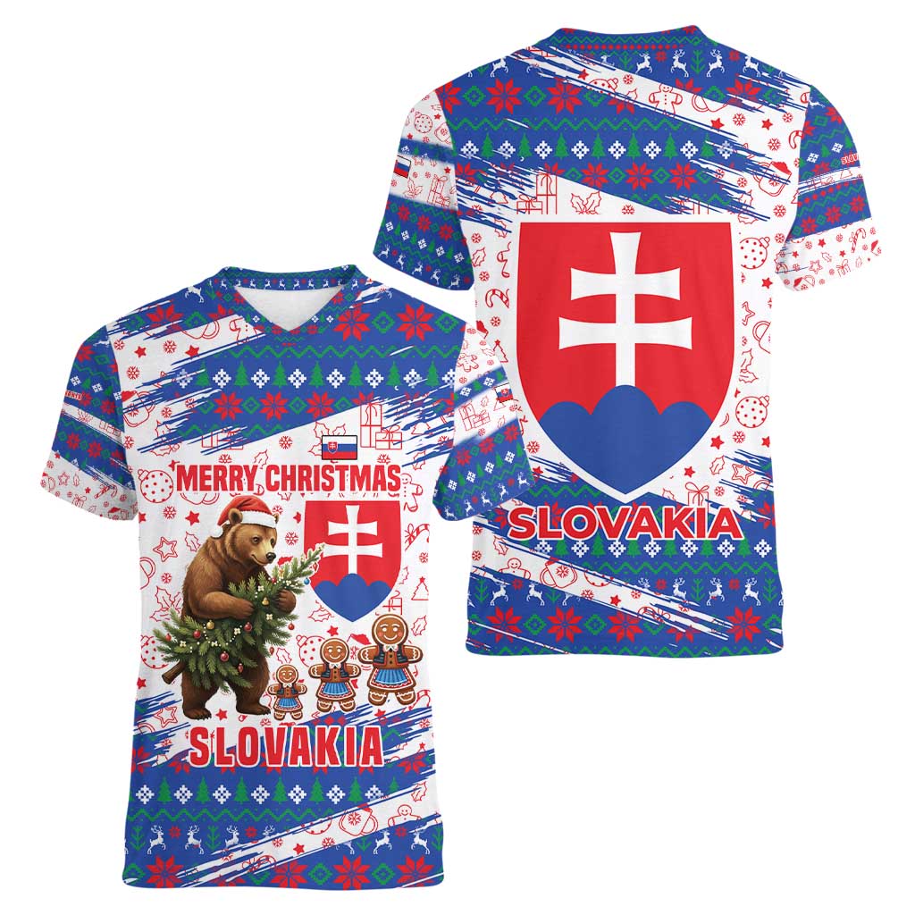 Slovakia Christmas Women V-Neck T-Shirt with Bear Holding Tree Gingerbread Cookies and Red Blue Snowflake Pattern Design - Wonder Print Shop