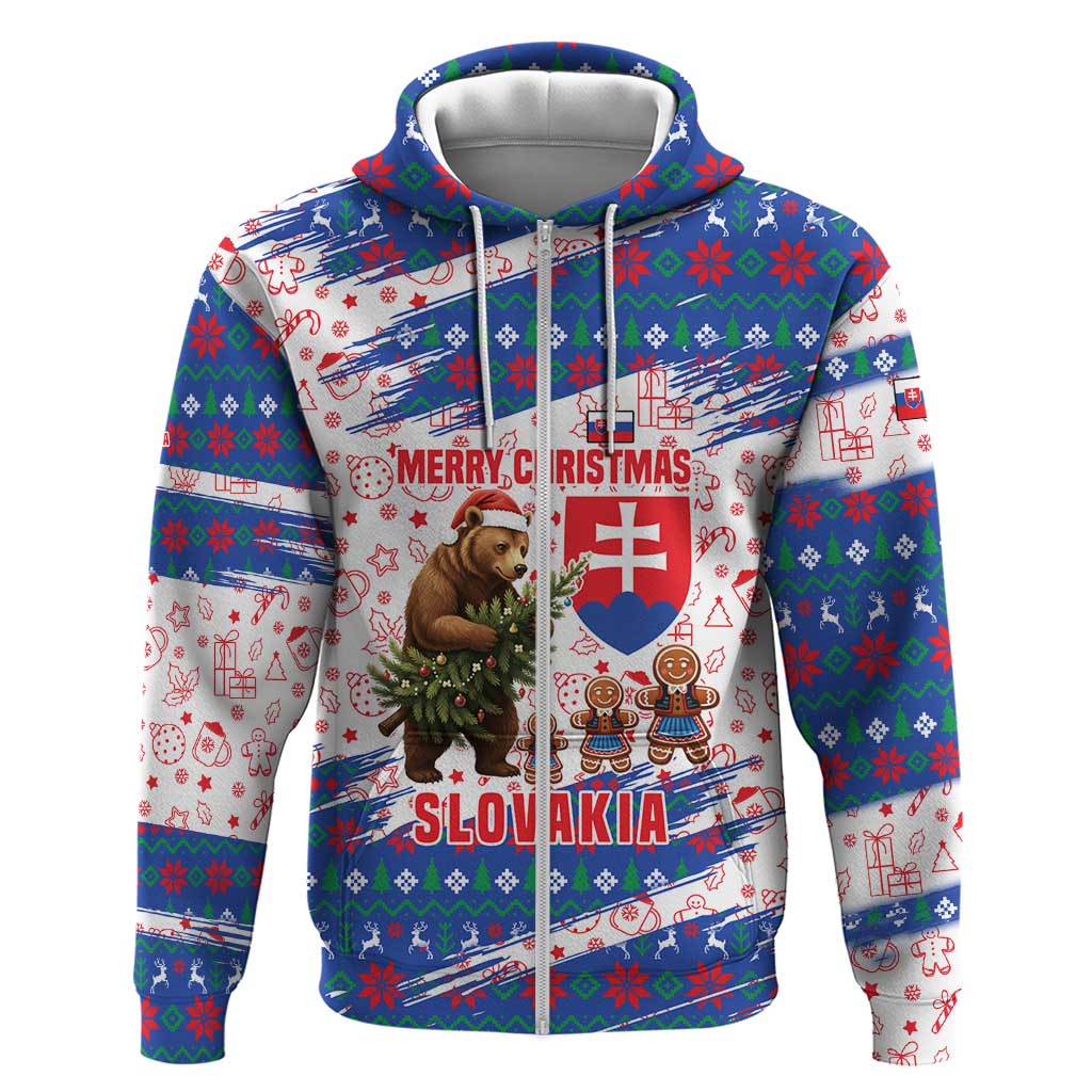 Slovakia Christmas Zip Hoodie with Bear Holding Tree Gingerbread Cookies and Red Blue Snowflake Pattern Design - Wonder Print Shop