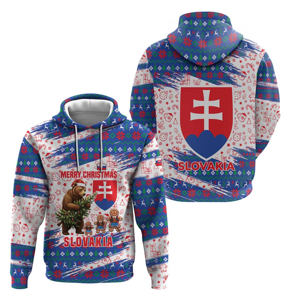 Slovakia Christmas Zip Hoodie with Bear Holding Tree Gingerbread Cookies and Red Blue Snowflake Pattern Design - Wonder Print Shop