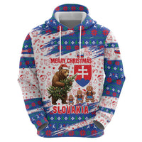 Slovakia Christmas Zip Hoodie with Bear Holding Tree Gingerbread Cookies and Red Blue Snowflake Pattern Design - Wonder Print Shop