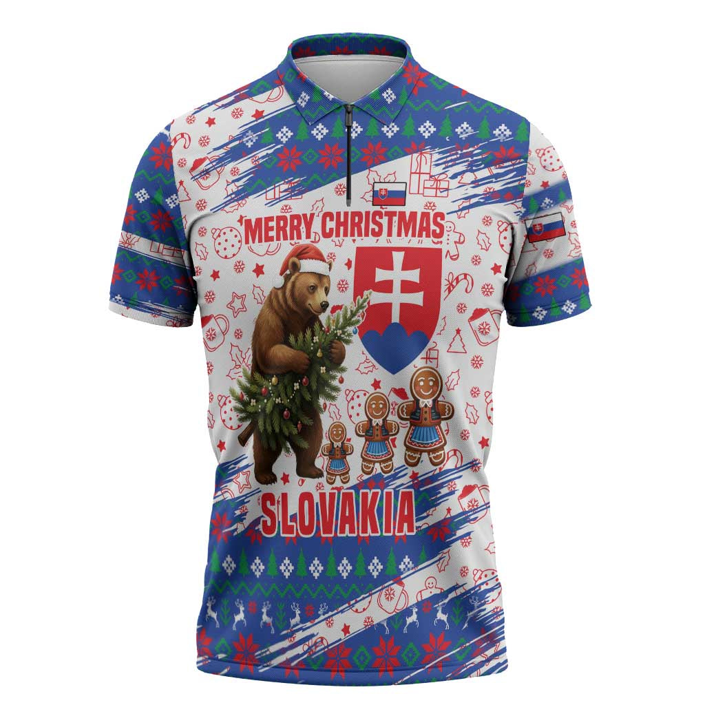 Slovakia Christmas Zipper Polo Shirt with Bear Holding Tree Gingerbread Cookies and Red Blue Snowflake Pattern Design - Wonder Print Shop