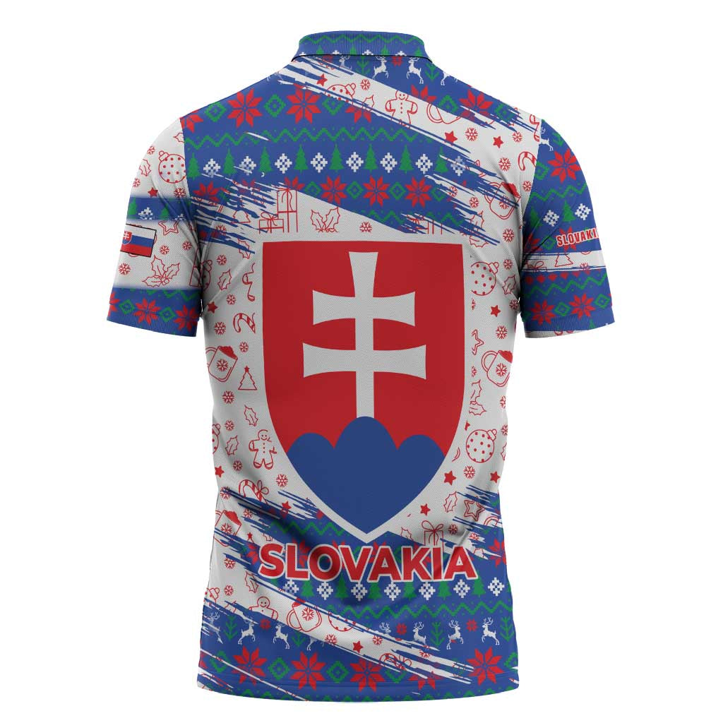 Slovakia Christmas Zipper Polo Shirt with Bear Holding Tree Gingerbread Cookies and Red Blue Snowflake Pattern Design - Wonder Print Shop