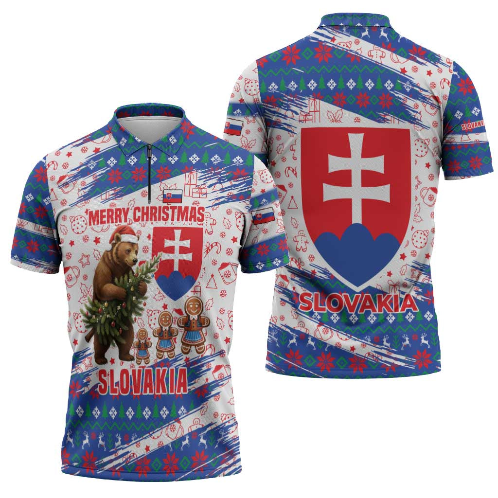 Slovakia Christmas Zipper Polo Shirt with Bear Holding Tree Gingerbread Cookies and Red Blue Snowflake Pattern Design - Wonder Print Shop