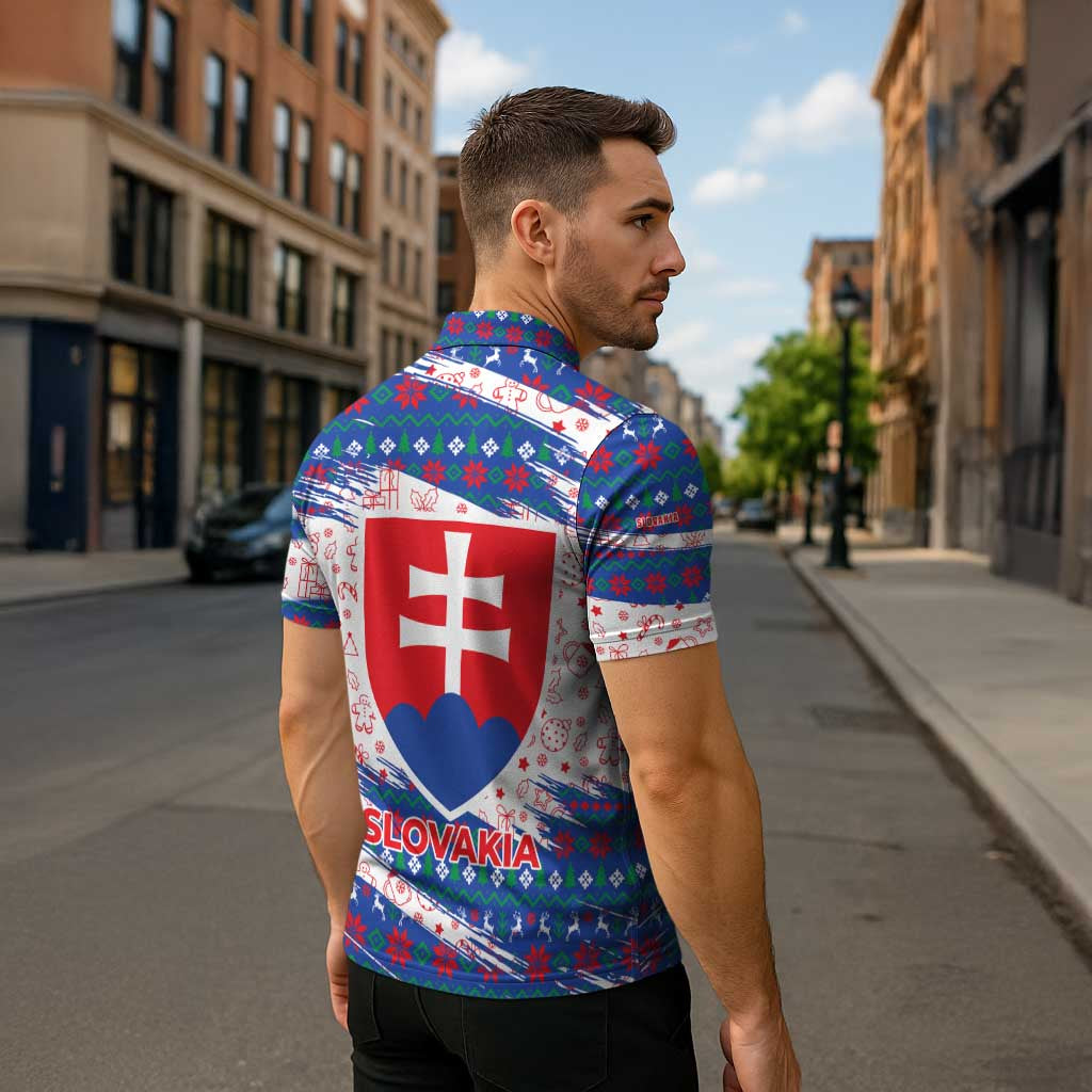 Slovakia Christmas Zipper Polo Shirt with Bear Holding Tree Gingerbread Cookies and Red Blue Snowflake Pattern Design - Wonder Print Shop