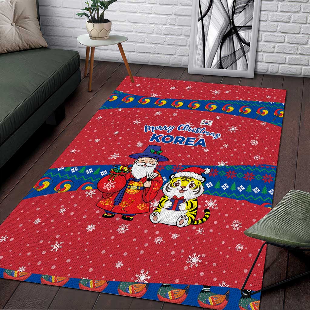 Korea Christmas Area Rug with Santa in Hanbok Tiger Character and Traditional Mask Pattern Design - Wonder Print Shop